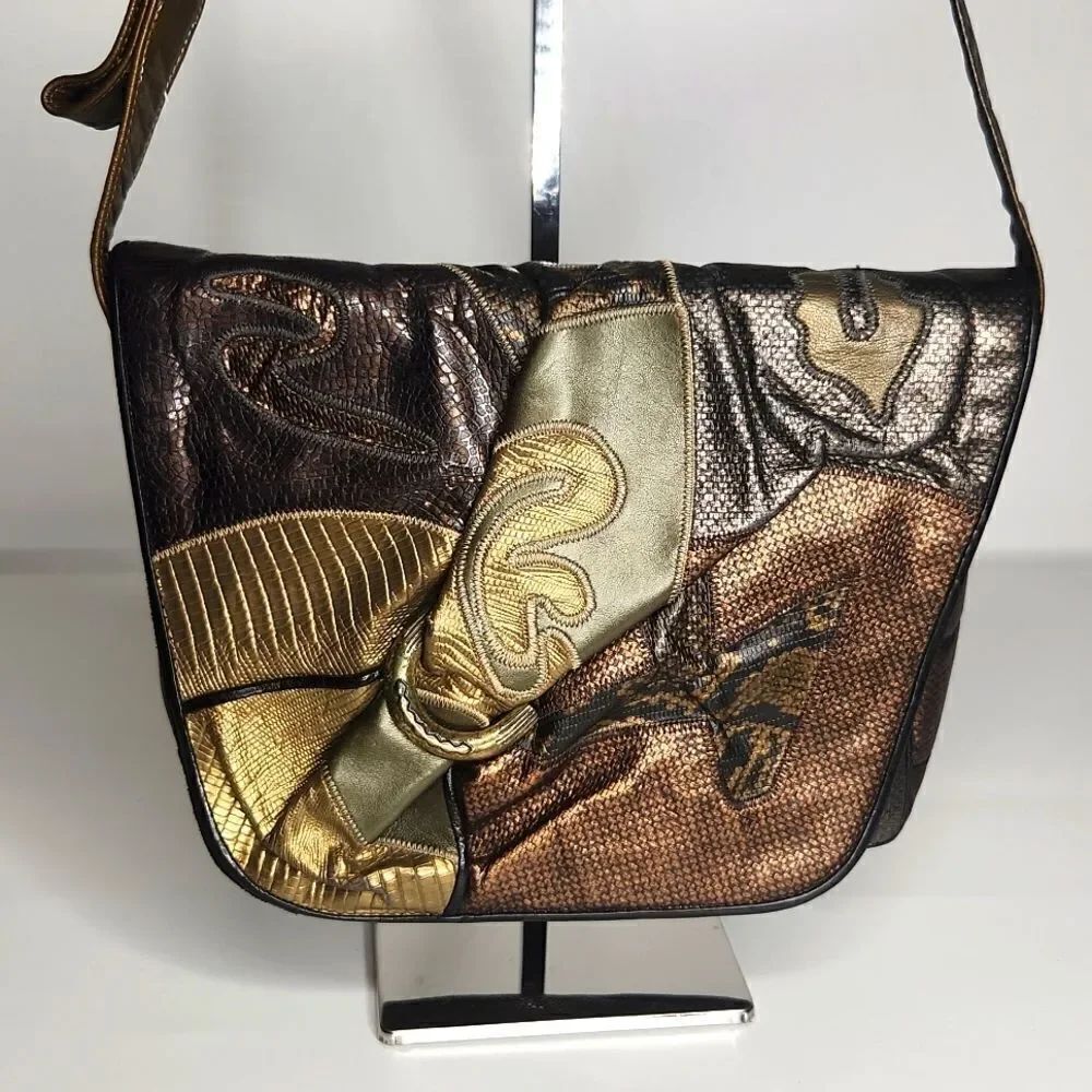 Vintage 80s Sharif Mixed Metallic Leather Embossed Patchwork Shoulder Body Purse